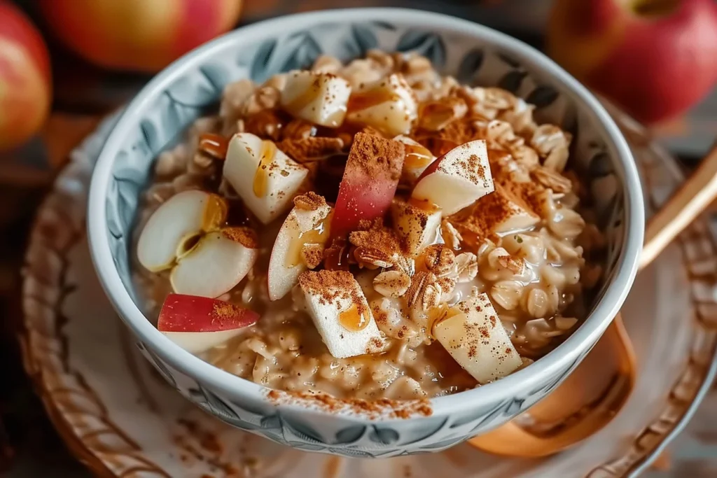 A bowl of apple cinnamon oatmeal porridge topped with fresh apple slices and a sprinkle of cinnamon