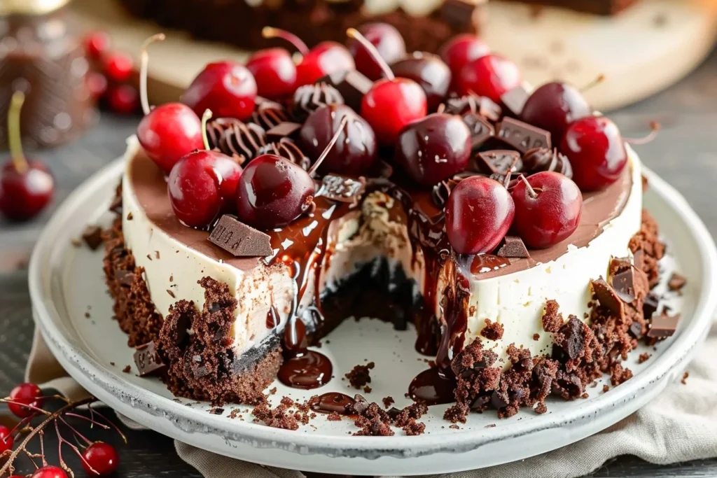 A decadent black forest cheesecake topped with cherries and chocolate shavings on a white plate.