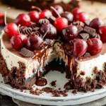 A decadent black forest cheesecake topped with cherries and chocolate shavings on a white plate.