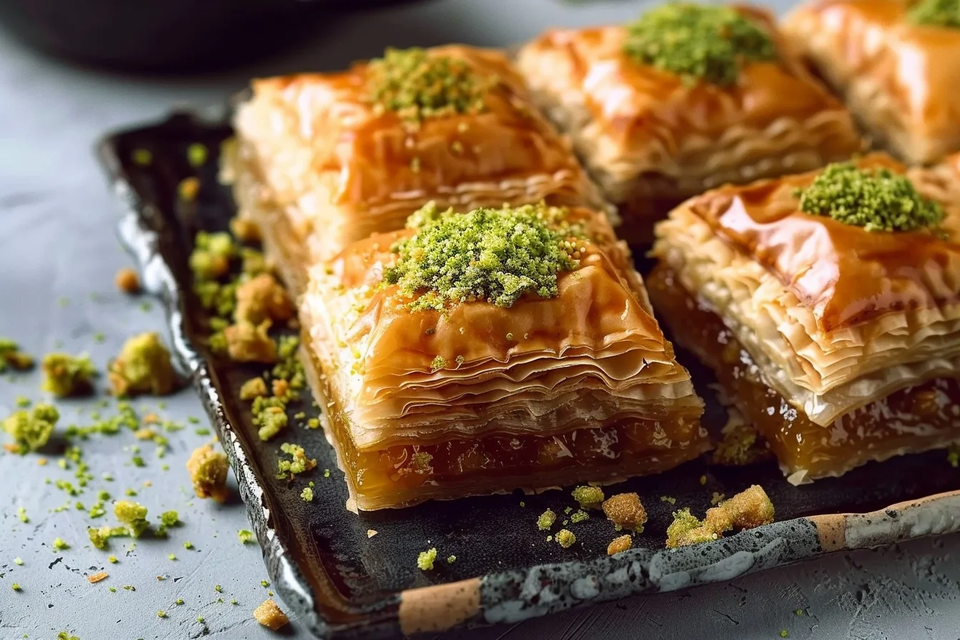 A beautifully arranged platter of golden baklava pieces topped with crushed pistachios and honey syrup