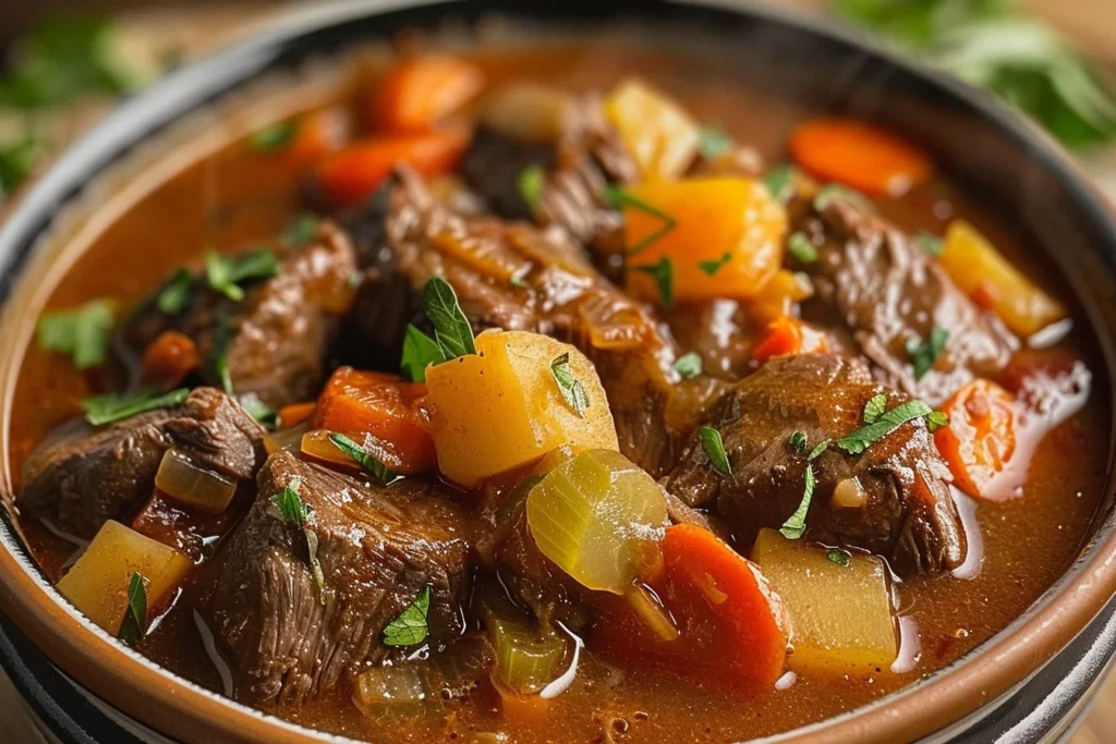 beef stew 5 Secrets to Cooking the Perfect Every Time 1 A hearty bowl of beef stew garnished with fresh herbs and served with crusty bread