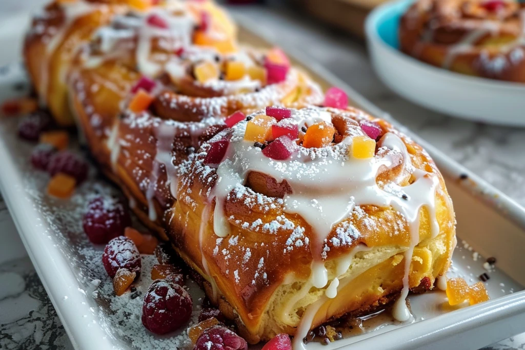 A stack of fluffy birthday cake cinnamon rolls topped with colorful sprinkles and creamy frosting on a white plate.