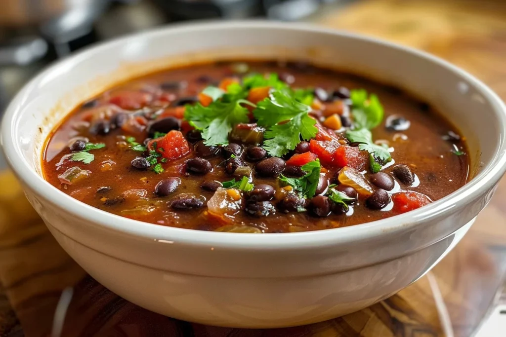 A steaming bowl of black bean soup garnished with cilantro and lime slices