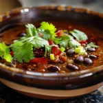 A bowl of black bean soup garnished with cilantro, lime, and avocado slices