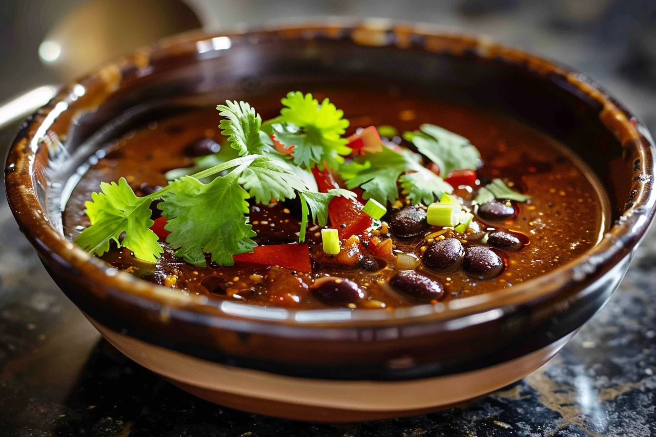 A bowl of black bean soup garnished with cilantro, lime, and avocado slices