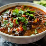 A steaming bowl of black bean soup topped with cilantro and lime wedges, served with crusty bread