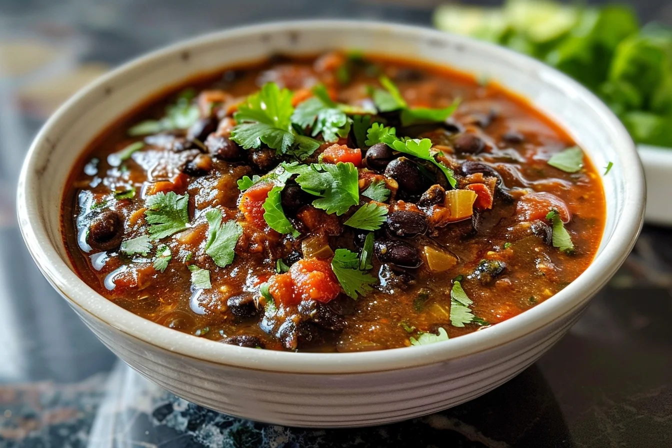 A steaming bowl of black bean soup topped with cilantro and lime wedges, served with crusty bread