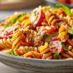 A vibrant bowl of Bloody Mary pasta salad with cherry tomatoes, celery, and herbs