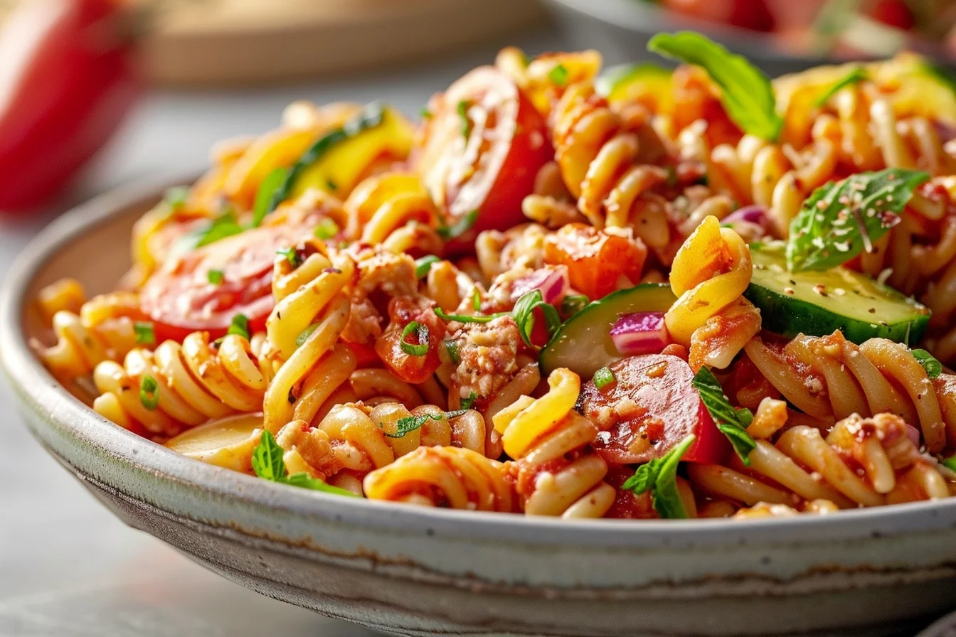 A vibrant bowl of Bloody Mary pasta salad with cherry tomatoes, celery, and herbs