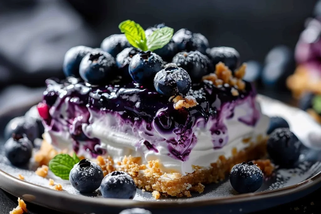 A delicious slice of blueberry delight dessert topped with fresh blueberries and whipped cream
