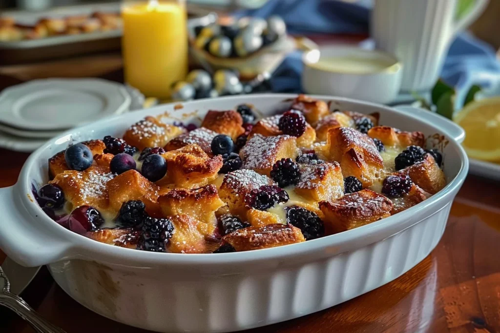 A delicious blueberry french toast casserole topped with fresh blueberries and powdered sugar, served in a baking dish.