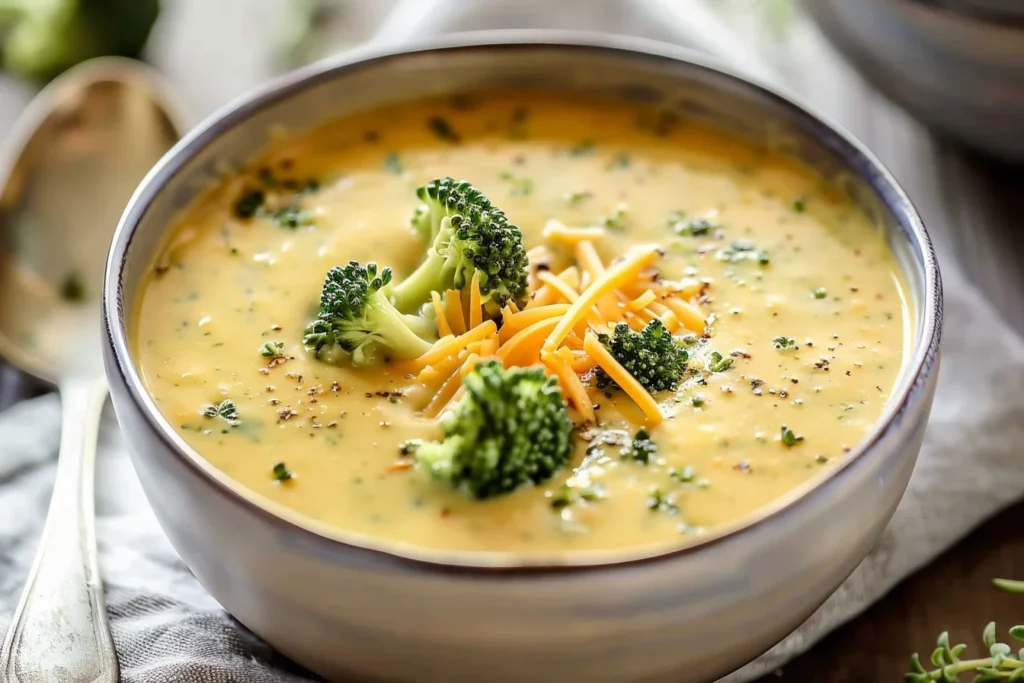 A steaming bowl of creamy broccoli cheddar soup topped with shredded cheese and fresh broccoli florets