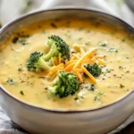 A steaming bowl of creamy broccoli cheddar soup topped with shredded cheese and fresh broccoli florets