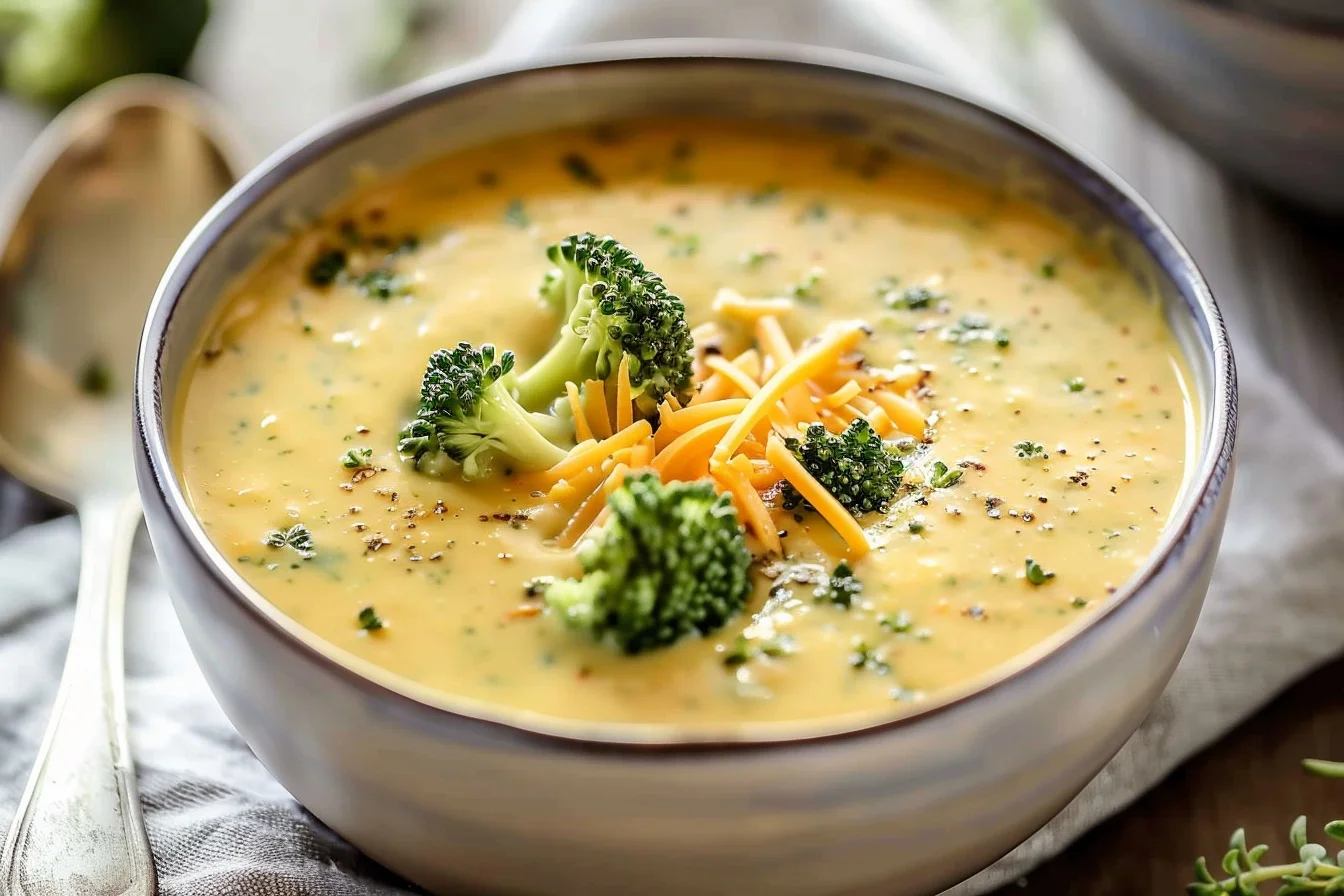 A steaming bowl of creamy broccoli cheddar soup topped with shredded cheese and fresh broccoli florets