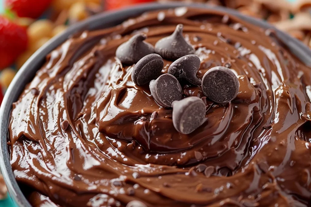 A creamy brownie batter dip served in a bowl, surrounded by fresh strawberries, pretzels, and graham crackers.