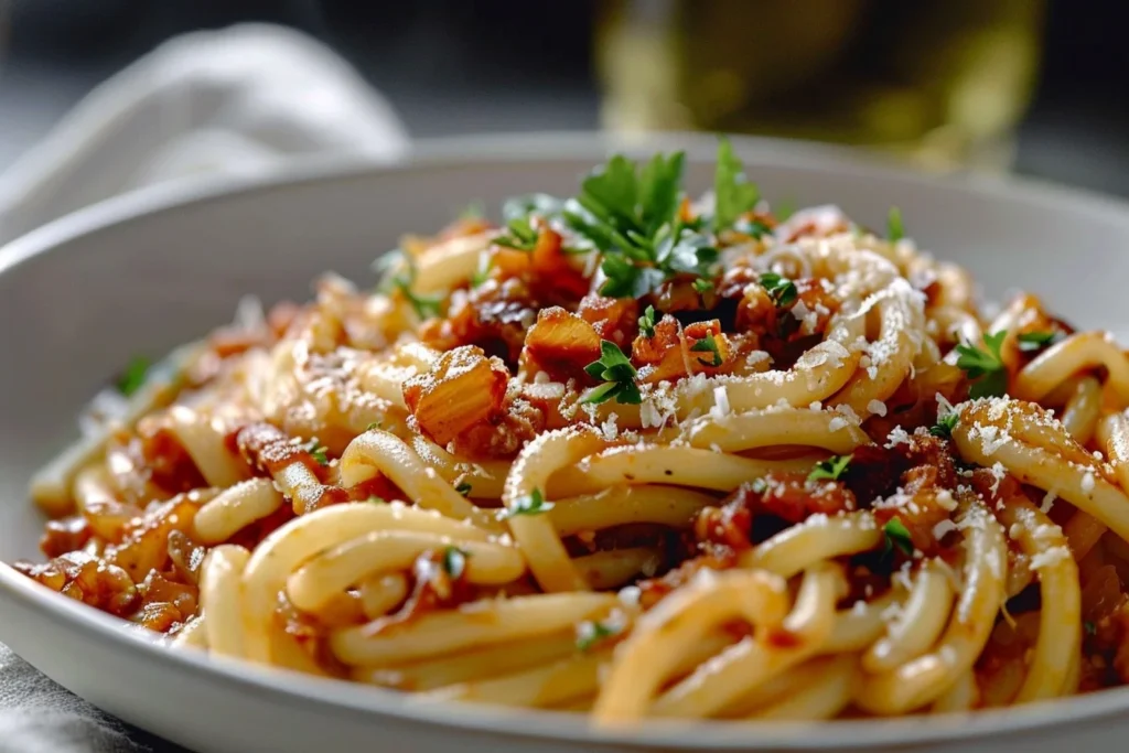 A bowl of caramelized onion pasta chili topped with fresh herbs and cheese, served with a spoon