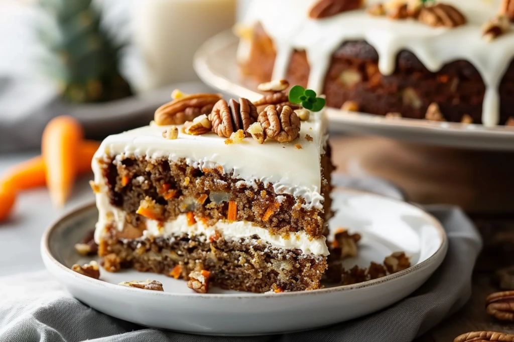 A slice of moist carrot pineapple walnut cake topped with cream cheese frosting, garnished with walnuts and pineapple chunks.