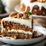 A slice of moist carrot pineapple walnut cake topped with cream cheese frosting, garnished with walnuts and pineapple chunks.