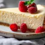 A beautifully sliced cheesecake topped with fresh strawberries and mint leaves on a white plate