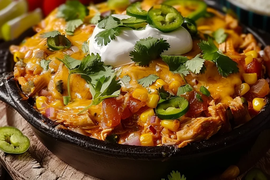 A delicious plate of cheesy chicken salsa topped with fresh cilantro and served with tortilla chips