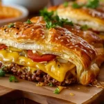 A cheesy crescent roll cheeseburger topped with melted cheese and fresh toppings on a wooden cutting board