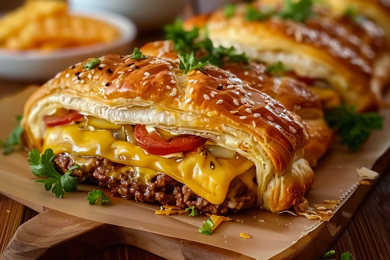A cheesy crescent roll cheeseburger topped with melted cheese and fresh toppings on a wooden cutting board
