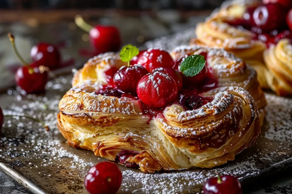 A freshly baked cherry cheese danish topped with glistening cherries and a dusting of powdered sugar