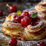 A freshly baked cherry cheese danish topped with glistening cherries and a dusting of powdered sugar