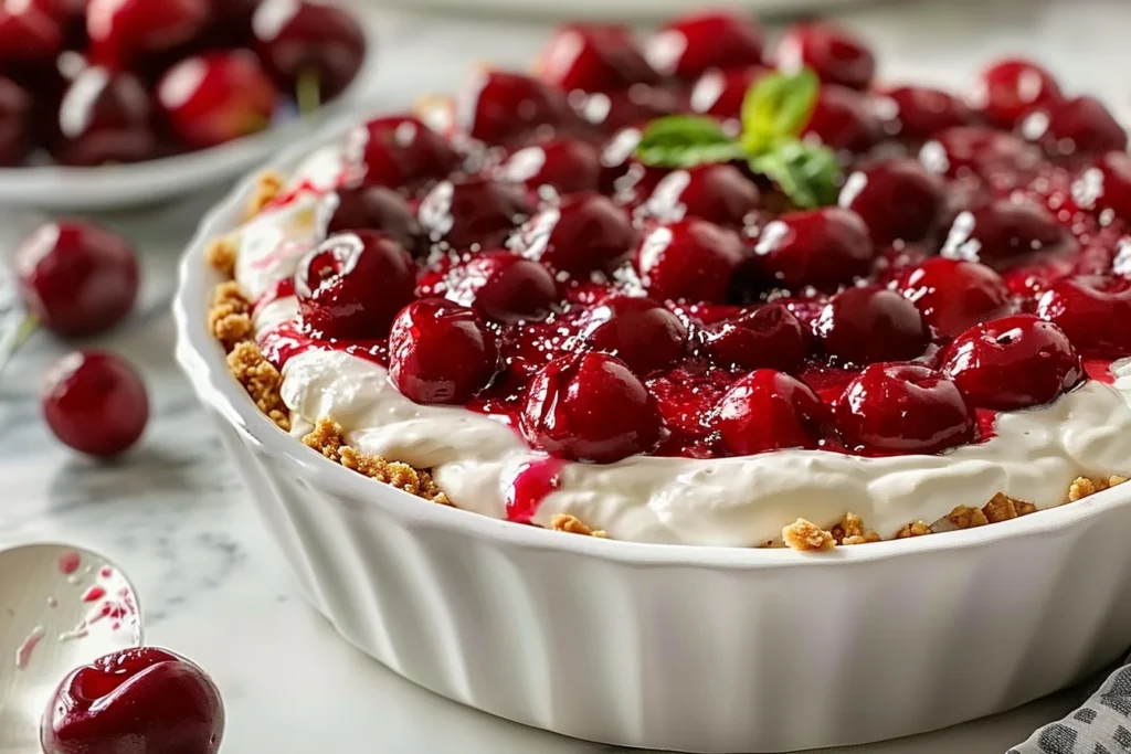 A creamy cherry cheesecake dip served in a white bowl with fresh cherries on top and graham cracker crumbs sprinkled around.