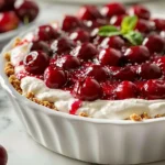 A creamy cherry cheesecake dip served in a white bowl with fresh cherries on top and graham cracker crumbs sprinkled around.