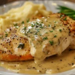 Plate of chicken breast fillets drizzled with creamy Dijon sauce, garnished with fresh herbs