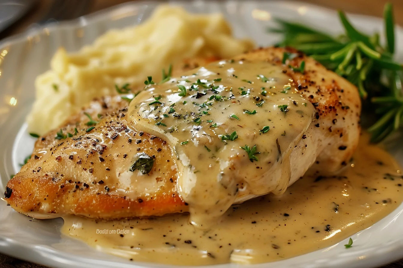 Plate of chicken breast fillets drizzled with creamy Dijon sauce, garnished with fresh herbs