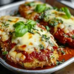 A beautifully plated chicken parmigiana topped with melted cheese and fresh basil, served with spaghetti.