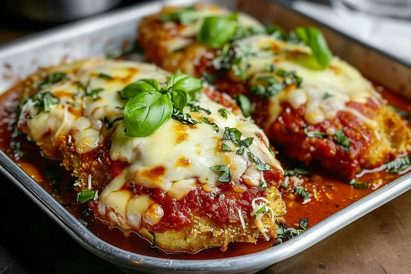 A beautifully plated chicken parmigiana topped with melted cheese and fresh basil, served with spaghetti.