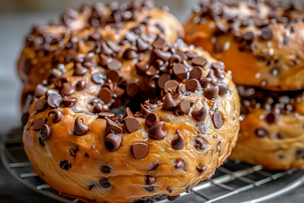 Chocolate Chip Protein Bagels: 6 Healthy Options 1 Freshly baked chocolate chip protein bagels on a wooden cutting board