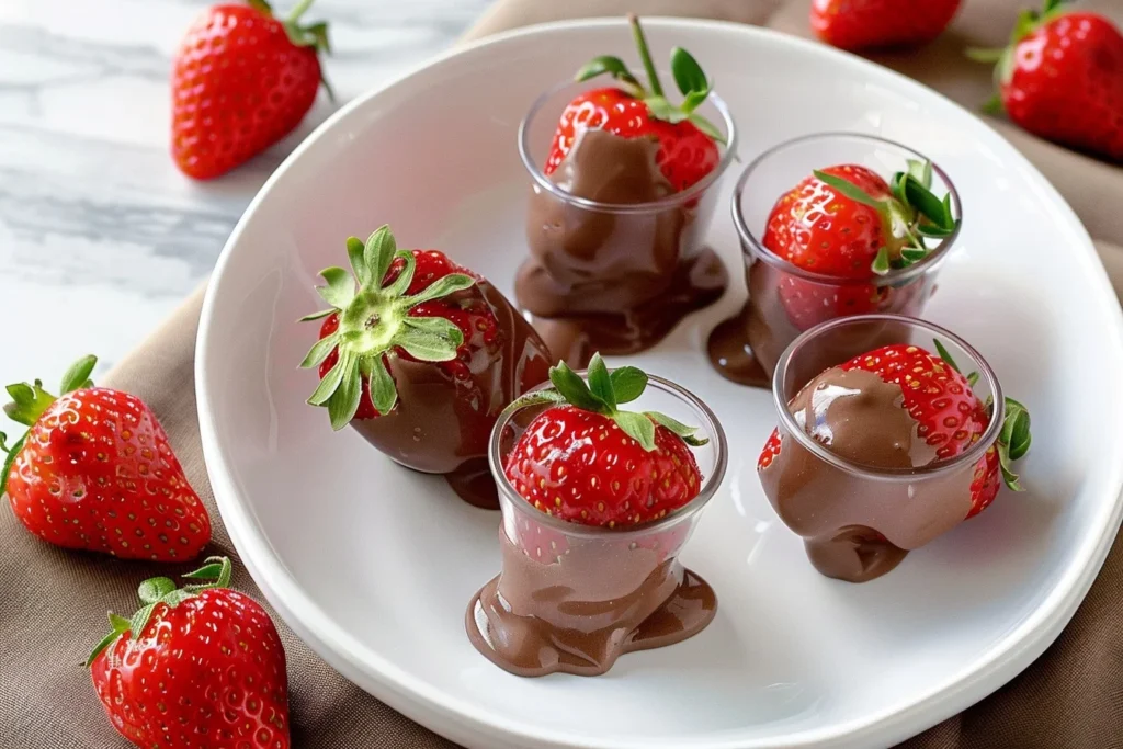 A plate of beautifully arranged chocolate covered strawberries drizzled with white chocolate