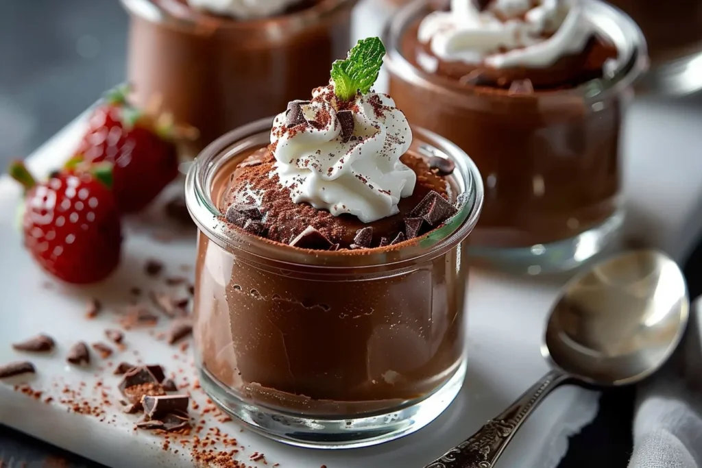 A rich, creamy chocolate mousse served in elegant glass bowls topped with whipped cream and chocolate shavings.