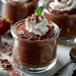 A rich, creamy chocolate mousse served in elegant glass bowls topped with whipped cream and chocolate shavings.