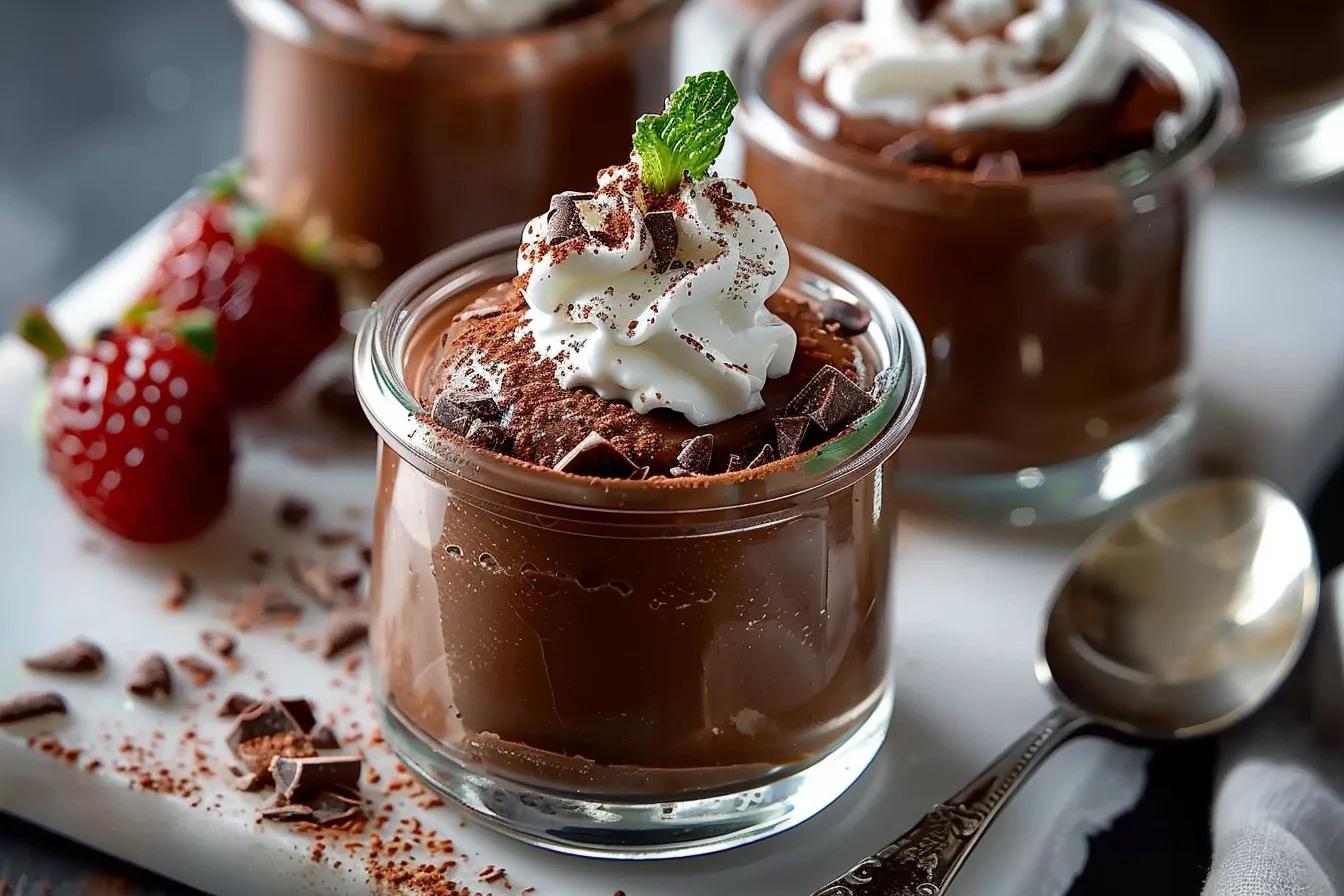 A rich, creamy chocolate mousse served in elegant glass bowls topped with whipped cream and chocolate shavings.