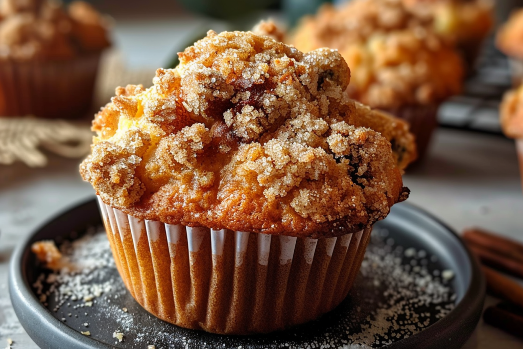 Golden brown cinnamon muffins topped with a crunchy streusel topping on a rustic wooden table.