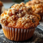Golden brown cinnamon muffins topped with a crunchy streusel topping on a rustic wooden table.