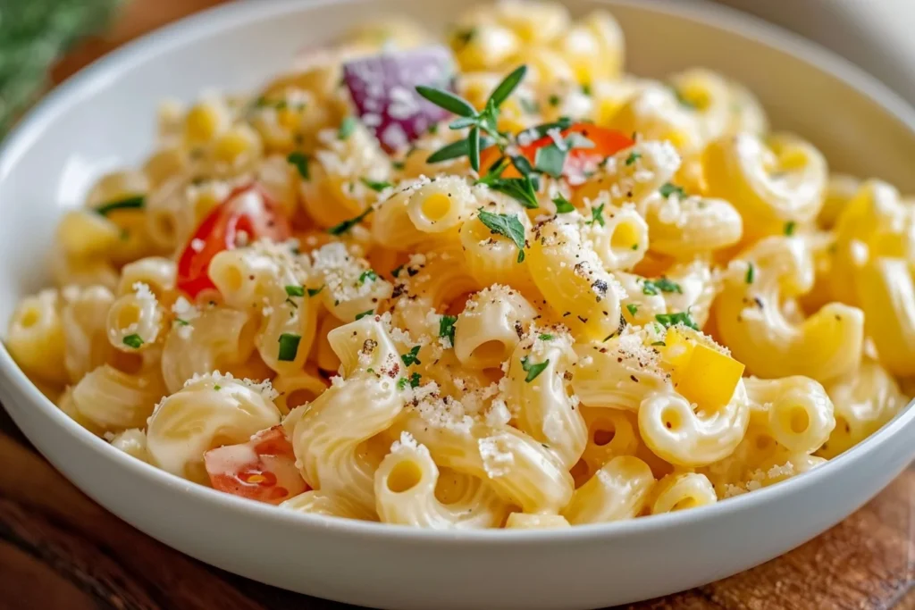 A bowl of creamy Italian macaroni topped with parsley and grated cheese