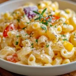 A bowl of creamy Italian macaroni topped with parsley and grated cheese