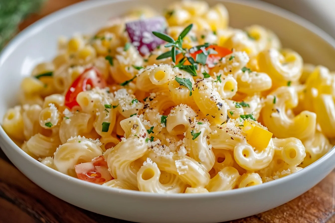 A bowl of creamy Italian macaroni topped with parsley and grated cheese