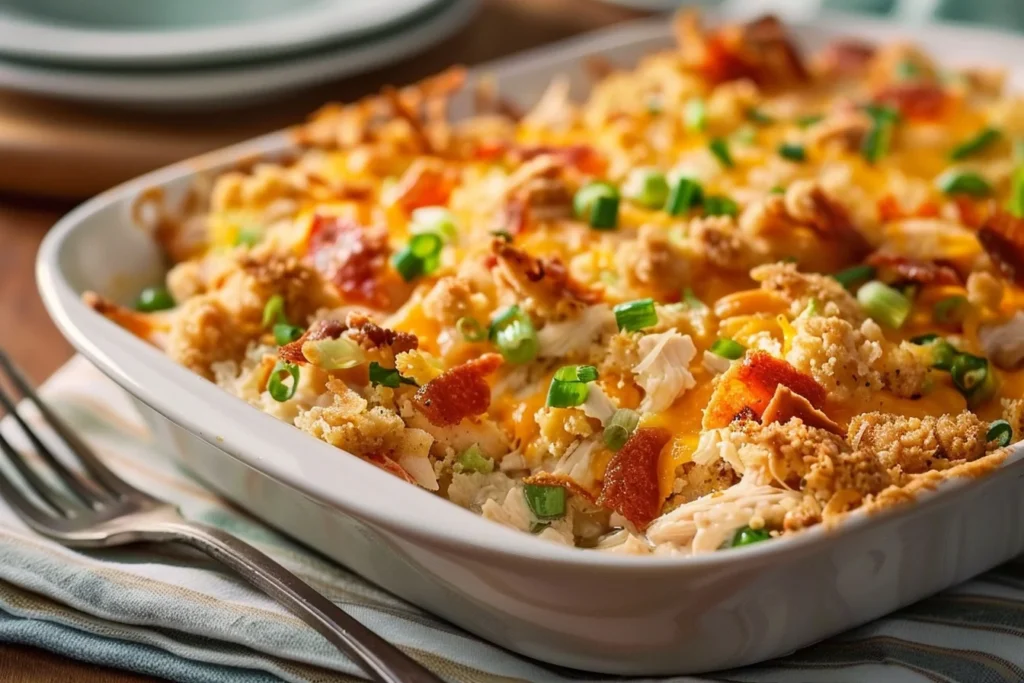 A delicious crack chicken casserole topped with melted cheese and green onions, served in a white dish.
