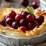 A beautifully arranged cranberry brie phyllo custard topped with fresh cranberries and herbs