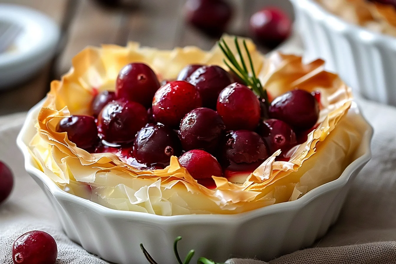A beautifully arranged cranberry brie phyllo custard topped with fresh cranberries and herbs
