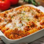 A deliciously cheesy baked ziti topped with golden brown mozzarella and fresh basil leaves