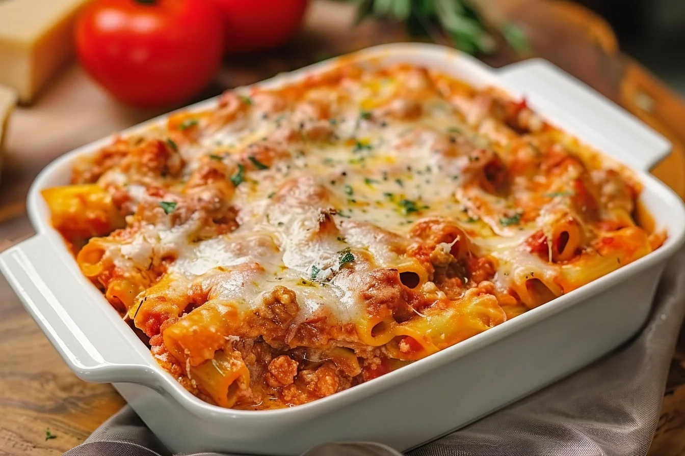 A deliciously cheesy baked ziti topped with golden brown mozzarella and fresh basil leaves