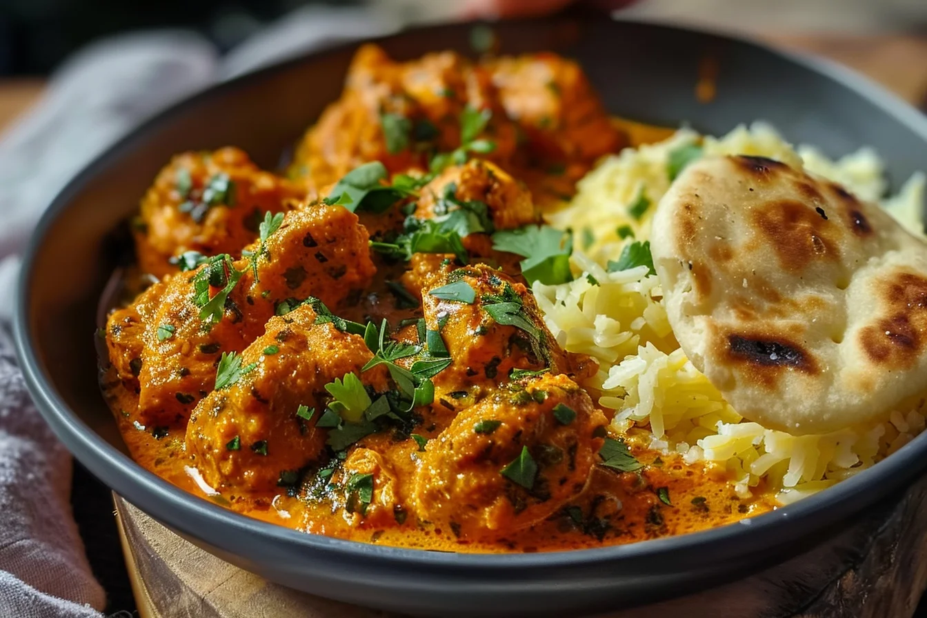 A bowl of creamy butter chicken garnished with cilantro, served with naan and rice